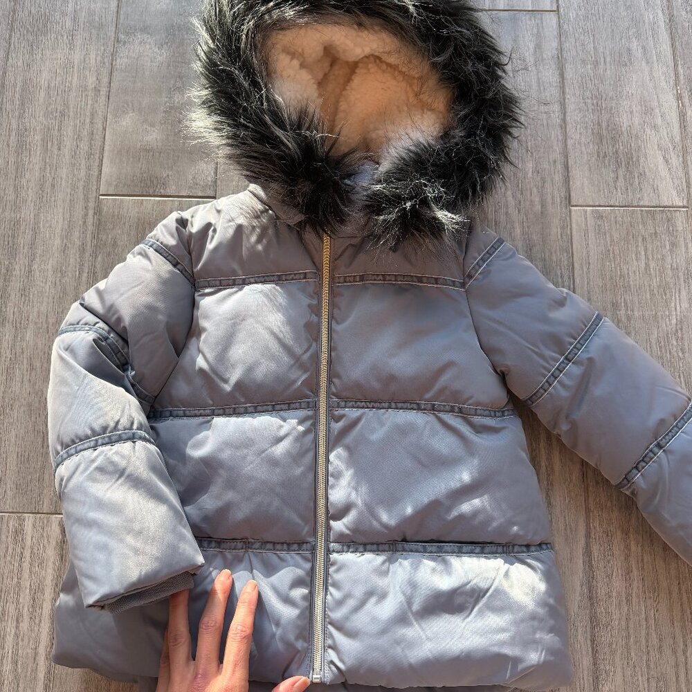 Catimini Girls Blue Sherpa-Lined Puffer Fur Hood Velvet Detail Sz 5 NEW